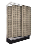 Heavy Duty Metal Gondola Rack With Tip Out Bins Industrial Parts Organizer Storage Shelf stacked with 80 ivory bins for organization.