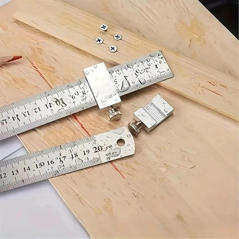 Built Like A Tank Aluminum Carpenter Ruler Set With Dead Nuts Steel Scribe And Slick Finishing Marking Gauge Plus Go Anywhere Pocket Clips for precise wood measurements.
