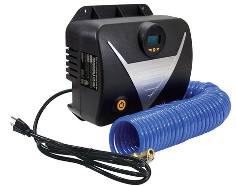 16-250 120V Tankless Wall-Mount Inflator for Tires and Gear, black unit with blue hose and digital display, garage use