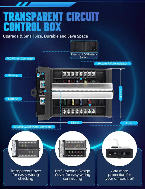 Close-up of Waterproof Aluminum Switch Panel 8 Gang 80A 4 Inch RGB LED Backlit, showing connectors and circuit details.