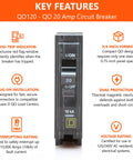 Two Pack Square D QO120 20 Amp Single Pole Breaker Kit For Home Wiring, OEM Quality, Easy Install, Perfect For DIY Projects And Upgrades, Ideal For Panel Upgrades, Safe, Reliable Circuit Protection. QO120 20A breaker shown with 10kA rating