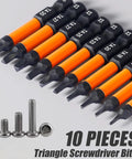 10 Piece Magnetic Triangle Screwdriver Bits Set with 2 Inch Long S2 Steel Triangle Heads, 1/4 Inch Hex Shank, shown with screws.