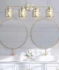 Four Light Brushed Nickel Vanity Light Over Mirror With Cylinder Crystal Shades in elegant bathroom setting