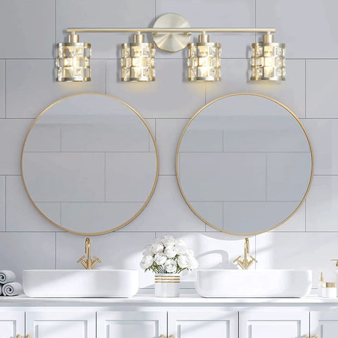 Four Light Brushed Nickel Vanity Light Over Mirror With Cylinder Crystal Shades in elegant bathroom setting