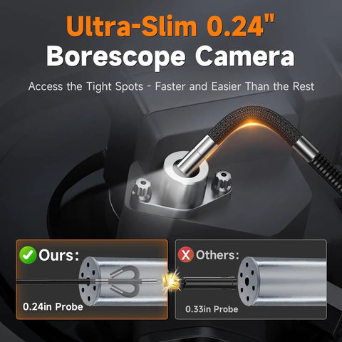 Ultra Slim 0.24-Inch Two-Way Articulating Borescope With Light comparing probe sizes with a 0.24in and 0.33in example
