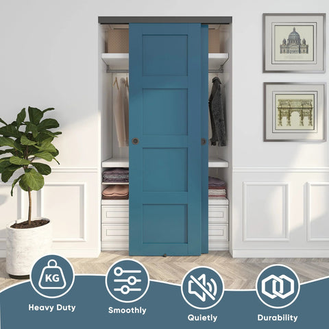 Heavy Duty Bypass Door Hardware With Finger Pulls, Aluminum Sliding Closet Door Track For Two Door System, Quiet And Smooth Operation, Fits 1 3 8 Inch Or 1 3 4 Inch Doors, Easy To Install, Black Finish viewed in a closet setting with a blue sliding door.