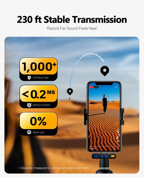 Wireless Lavalier Microphone With Charging Case For IPhone Android And Laptop, desert scene on smartphone display