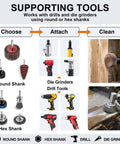 35 Piece Flap Sanding Kit with One Quarter Inch Shank for drill and die grinder shown with tools and attachments for cleaning.