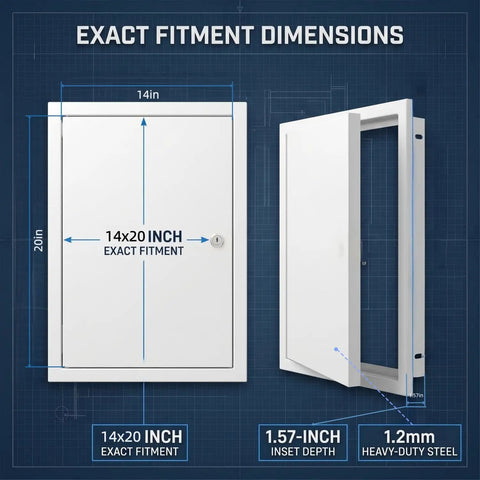 Heavy Duty 14X20 Galvanized Steel Access Panel With Keylock Cover For Drywall Openings dimensions showing 14x20 inch size and steel build.