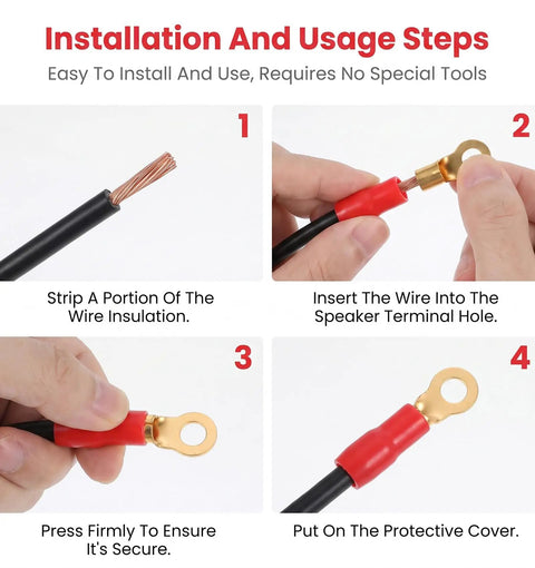 Installation steps for Heavy Duty 4 Gauge Copper Wire Connectors Plus Red And Black Ring Terminals For Battery Cable Adapters.