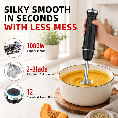 Top Shelf 1000W Five In One Immersion Blender Kit With Heavy Duty Food Chopper And Silent Whisk Tool for soup blending.