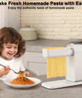 Electric Pasta Maker With Roller And Cutters For Fresh Noodles showing fresh spaghetti being served to a child.