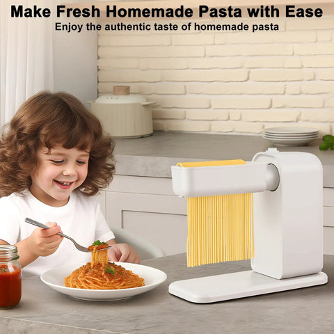 Electric Pasta Maker With Roller And Cutters For Fresh Noodles showing fresh spaghetti being served to a child.