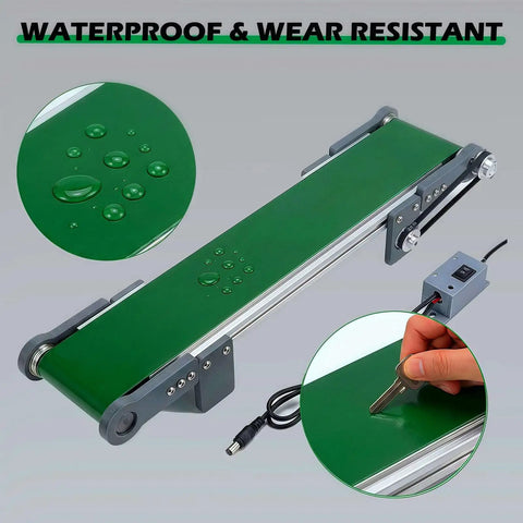 20 Inch Electric Desktop Conveyor Belt With Forward And Reverse Switch Stepless Speed Adjustment PVC Belt shown with waterproof surface