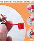 Hand holding 70 Pcs Metric Hydraulic Grease Fittings Kit, showing red caps for 180°, 45°, and 90° Zerk fittings.
