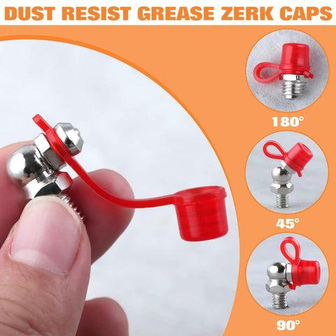 Hand holding 70 Pcs Metric Hydraulic Grease Fittings Kit, showing red caps for 180°, 45°, and 90° Zerk fittings.