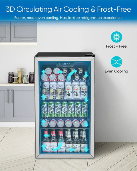 Front view of 126 Can Beverage Refrigerator With Glass Door 3.2 Cu Ft Mini Fridge with 4 adjustable shelves, filled with cans.