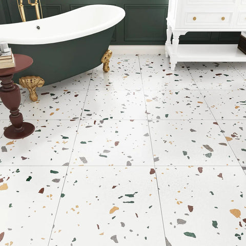 Waterproof Peel And Stick Terrazzo Floor Tiles 20 Pack 12X12 Inch Vinyl Flooring for bathroom, removable white marble look.
