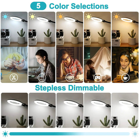 12X Magnifying Glass With Light And Clamp, five color modes, stepless dimmer, flexible gooseneck LED desk lamp in use scenarios.