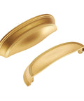 Solid Core Cabinet Pulls In Brushed Golden Brass Finish For Doors And Dresser Drawers, Luxury Hardware With Three Inch And Three Quarter Inch Hole Centers, Length Four And Five Eighths Inch, Width One And A Half Inch, Projection One Inch, shown in a golden finish.