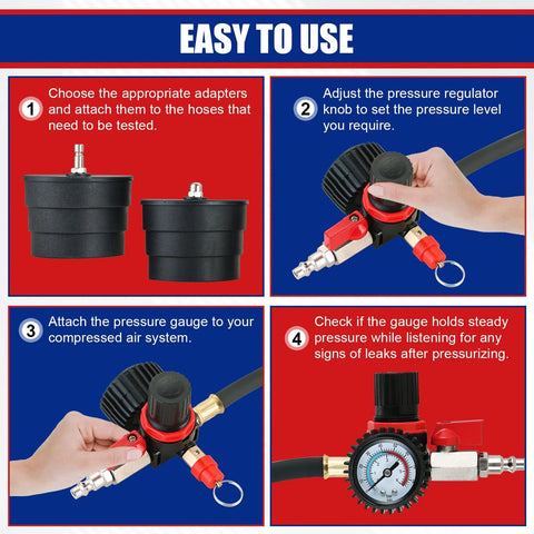 NYXOVA 10PC Turbo Boost Leak Tester Kit with two black adapters, red regulator, and pressure gauge