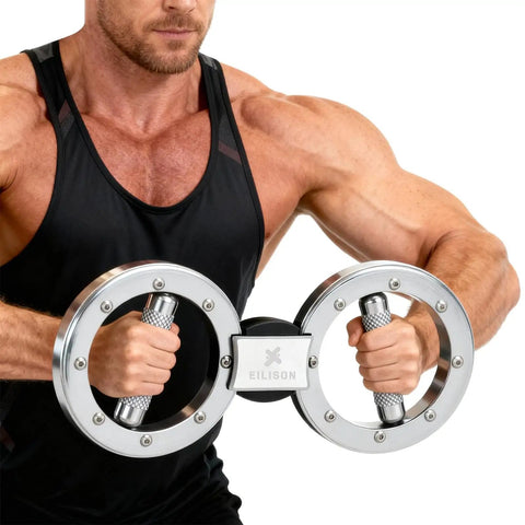 Rotating Burn Machine 12 Lb Arm Trainer With 360 Degree Grips Multifunction Spinning Rotator For Forearms Boxing And Workouts Adjustable Resistance Compact Home Gym Gear For Strength Endurance And Cardio in use, showing a man gripping dual circular handles designed for strength training and endurance workouts.
