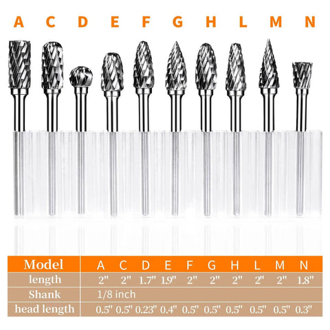 Heavy Duty Tungsten Carbide Burr Set For Die Grinder Bits Twenty Pieces One Eighth Inch Shank Double Cut Rotary Burrs
