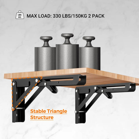 Heavy Duty Wall Mounted Folding Shelf Brackets With Tough Triangle Frame And Slick Fold Away Design For Hella Space Saving Diy Build Projects Max Load 330lbs In White Two Pack with black steel brackets and wooden shelf.