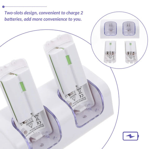Dual Slot USB Rechargeable Battery Charging Dock For Game Controllers, White Lightweight ABS Build, top view of slots