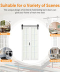 Bi-Fold Barn Door Kit 42 By 84 Inches With 10-Lite Tempered Frosted Glass Panels And Sliding Hardware For Two Doors White MDF Closet Slab 3.83 Foot Track Space Saving Modern Home Upgrade shown in various room setups