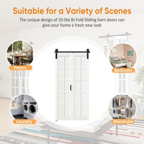 Bi-Fold Barn Door Kit 42 By 84 Inches With 10-Lite Tempered Frosted Glass Panels And Sliding Hardware For Two Doors White MDF Closet Slab 3.83 Foot Track Space Saving Modern Home Upgrade shown in various room setups