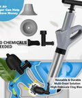 Real Deal Heavy Duty Air Plunger And Drain Cleaning Kit shows gray plunger, black attachments for unclogging drains.