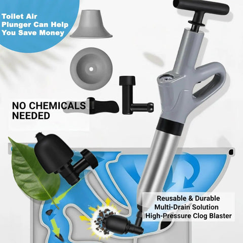 Real Deal Heavy Duty Air Plunger And Drain Cleaning Kit shows gray plunger, black attachments for unclogging drains.