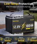 12V 100Ah LiFePO4 Battery Group 31 Deep Cycle Beast Power Pack in snow with low-temp protection feature visible