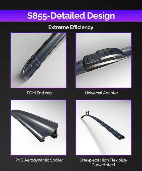 Heavy Duty All Season Windshield Wiper Blades Pack Of 2 At 22 Inch Each With Hella Durable Steel Armored Frame And Pure Natural Rubber For Streak Free Visibility On Rough Roads And City Drives - Detailed design features including POM end cap and universal adapter.