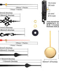 Quartz Pendulum Clock Movement Kit With Two Pairs Of Hands And Pendulum, DIY Clock Repair Parts Set, image showing components and sizes