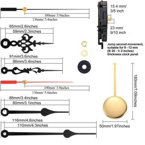 Quartz Pendulum Clock Movement Kit With Two Pairs Of Hands And Pendulum, DIY Clock Repair Parts Set, image showing components and sizes