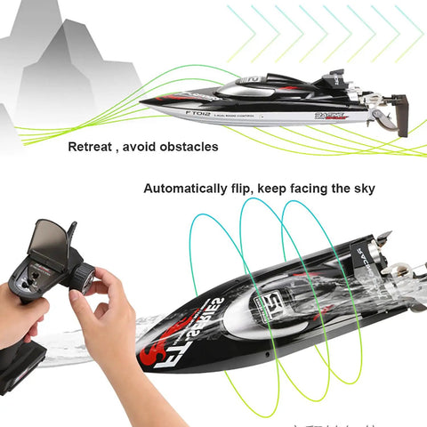 Eighteen Inch Brushless RC Speed Boat With Two Four GHz Remote Control Four Wheel Drive Watercraft demonstrating features