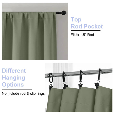 Ava Sage Green Blackout Curtains For Bedroom 2 Panels Set 40 Inch Wide By 63 Inch Long Rod Pocket Or Clip Style hanger details