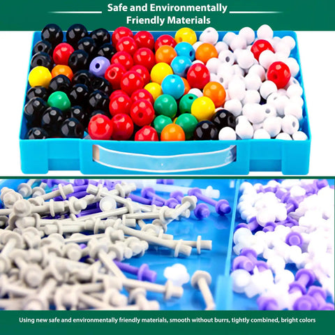 452 Piece Chemistry Molecular Model Kit With C60 for Hands On Learning Atoms, Bonds and Structures, colorful plastic spheres and connectors in a tray.