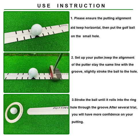 Three In One Alloy Steel Golf Putting Aid Set With Alignment Rail, Cup Ring, and Practice Ball on Putting Green with Instructions