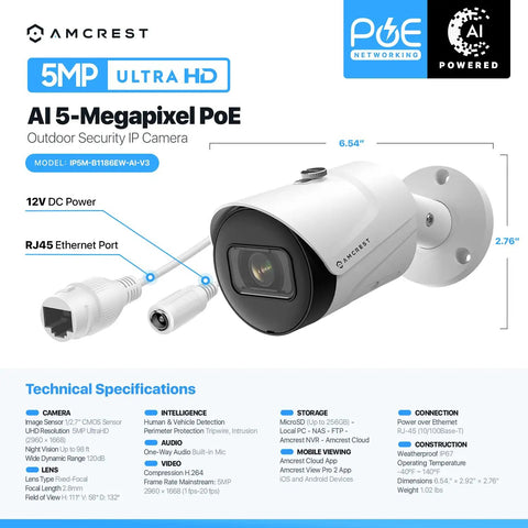 Outdoor PoE AI Security Camera With Dope 5MP 2592x1944 High Resolution, 132 Degree Viewing, IP67 Weatherproof Bullet Surveillance Camera With Human And Vehicle Detection, Tripwire And Intrusion Alerts displayed with technical specs and connectors visible.