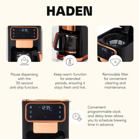 Heavy Duty 12 Cup Dual Brew Coffee Maker Built For Hot And Cold Brewing Keep Warm Plate Delay Timer And Adjustable Strength For Seriously Smooth Daily Sips In Sleek Black with display features.