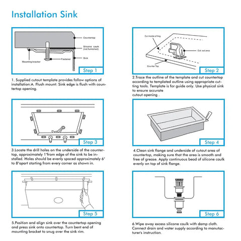Installation guide for 16 Inch Bar Prep Sink Single Bowl Undermount 18 Gauge T304 Stainless Steel Satin Finish With Strainer And Bottom Grid