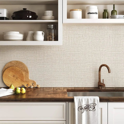 Beige Grasscloth Peel And Stick Wallpaper Self Adhesive Vinyl For Walls 17.7 X 118.1 Inches Textured Faux Linen Look on kitchen wall