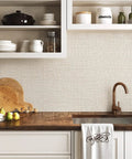 Beige Grasscloth Peel And Stick Wallpaper For Cabinets Easy Install Self Adhesive Vinyl Wall Covering Faux Linen Texture 17.7In X 393.7In Roll Delivers Real Grasscloth Look Quick Renovation No Mess Durable And Lightweight behind kitchen sink and shelves.