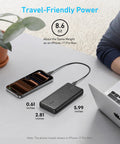 Top Shelf 10000mAh Portable Charger With Hella Fast Usb C Power Delivery And Ultra Slim Profile next to an iPhone 17 Pro Max, showcasing dimensions.