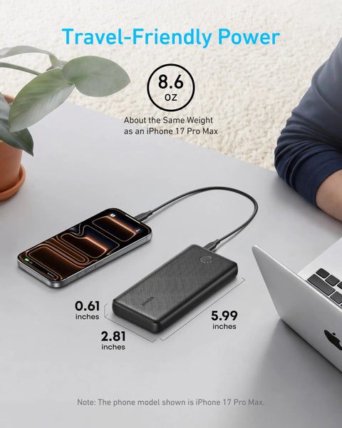 Top Shelf 10000mAh Portable Charger With Hella Fast Usb C Power Delivery And Ultra Slim Profile next to an iPhone 17 Pro Max, showcasing dimensions.