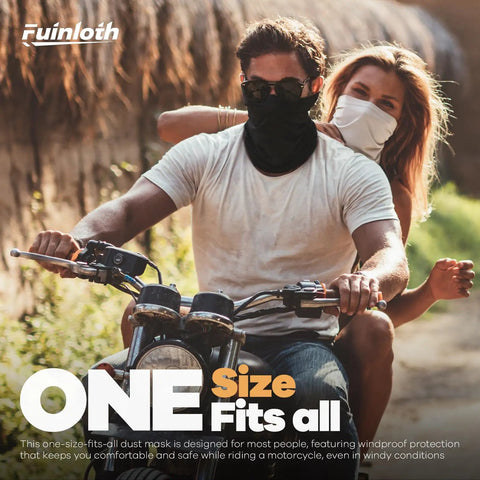 Two people on a motorcycle wearing Six Pack Neck Gaiter Face Mask Bandana For Outdoor Adventures, Fishing And Travel, Cooling Sun Protection.