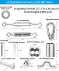 Outdoor String Light Suspension Kit With Vinyl Coated Stainless Steel Cable And 150 Ft Transparent PVC Wire Includes 304 Stainless Steel Wire Cable Turnbuckles And Hooks For Weatherproof Patio Ambience Easy To Install accessories with screws, clamps, and hooks